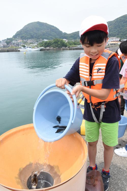 ヒラメの稚魚を放流する子どもたち