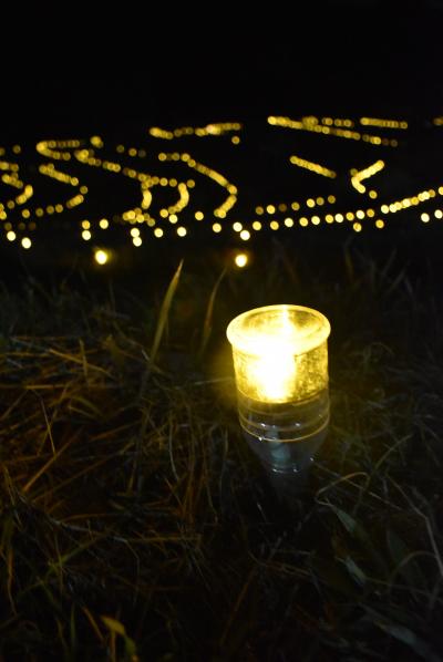 棚田のあかりでオレンジ色に光るLEDライト