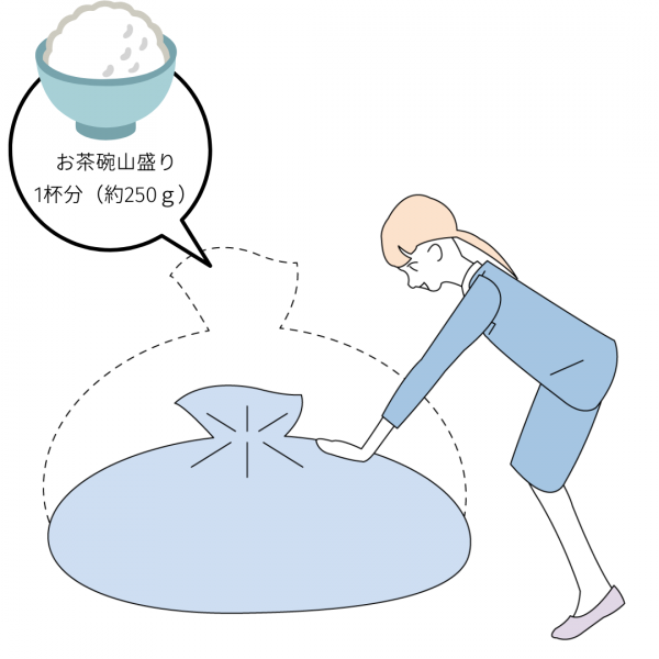 ごみの量をお茶碗山盛り1杯分減らしている女性のイラストの画像