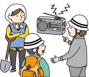 防災ラジオを聞く家族のイラスト