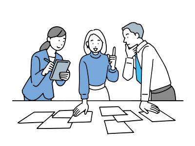 資料を前にして打ち合わせをする職員のイラスト