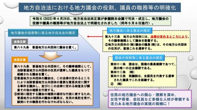 地方自治法における地方議会の役割、議員の職務等の明確化