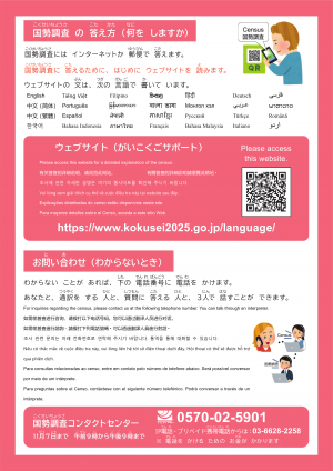 国勢調査の答え方と問い合わせ先が書かれたリーフレット