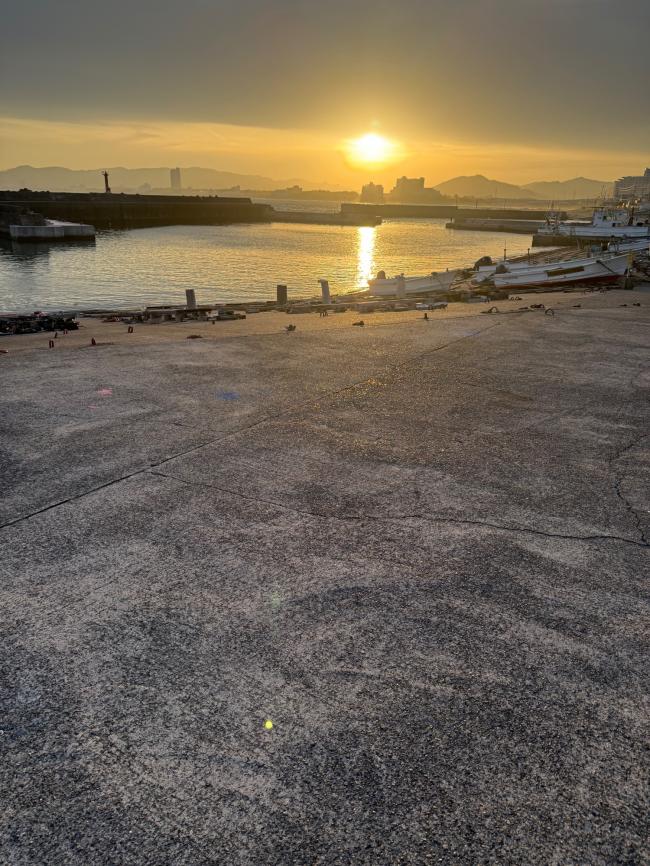 浜荻の漁港から夕日が出る写真