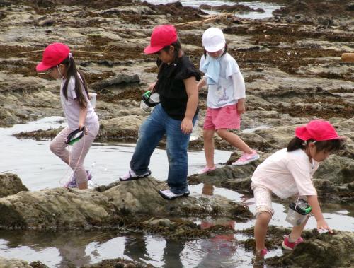 岩場を慎重に歩く