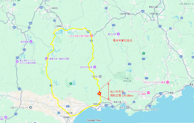 主要地方道市原天津小湊線の通行止めの箇所を表す地図の画像