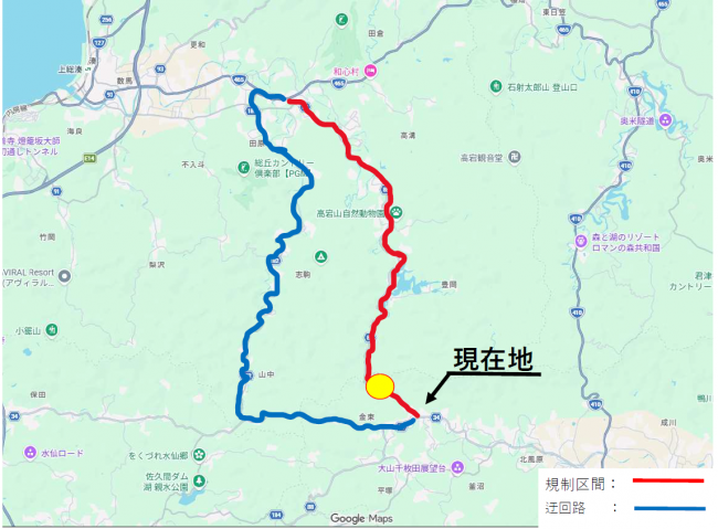 富津館山線のの通行止めの箇所と迂回路表す地図の画像