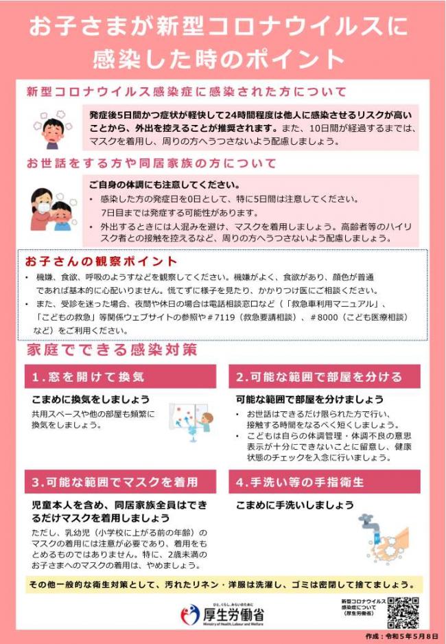 お子さまが新型コロナウイルスに感染した時のポイント図です。