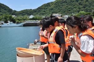 マダイを放流する子どもたち