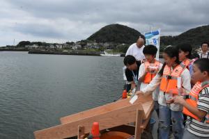 マダイの稚魚を放流する児童の様子